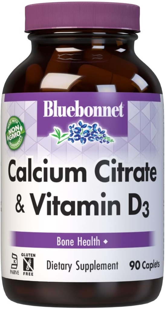 Bluebonnet Nutrition Wapnia Citrate & Witamina D3, Bone Health *, Non-GMO, Kosher Parve, Gluten- Free, Soy- Free, 90 Kapsułki, 22.5 Służenie