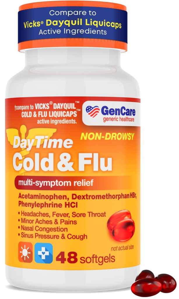 GenCare - Multi Symptom Non Drowsy Daytime Cold & Flu Relief Acetaminofen 325mg, Dextromethorphan HBr 10mg, Fenylephrine HCl 5mg (48 Softgels) Non Habit Forming Pain Reliever & Nasal Decongestant