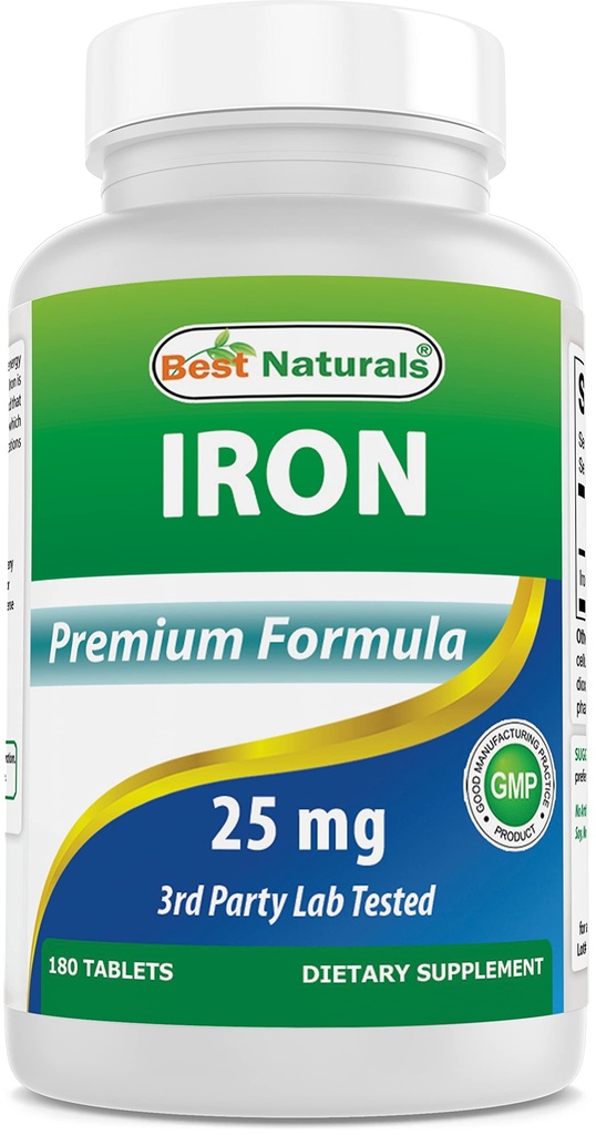 Best Naturals Żelaza suplement (Bisglicinate żelaza) - 25mg - 180 tabletek - Delikatność jamy ustnej - Niezatwardzenie