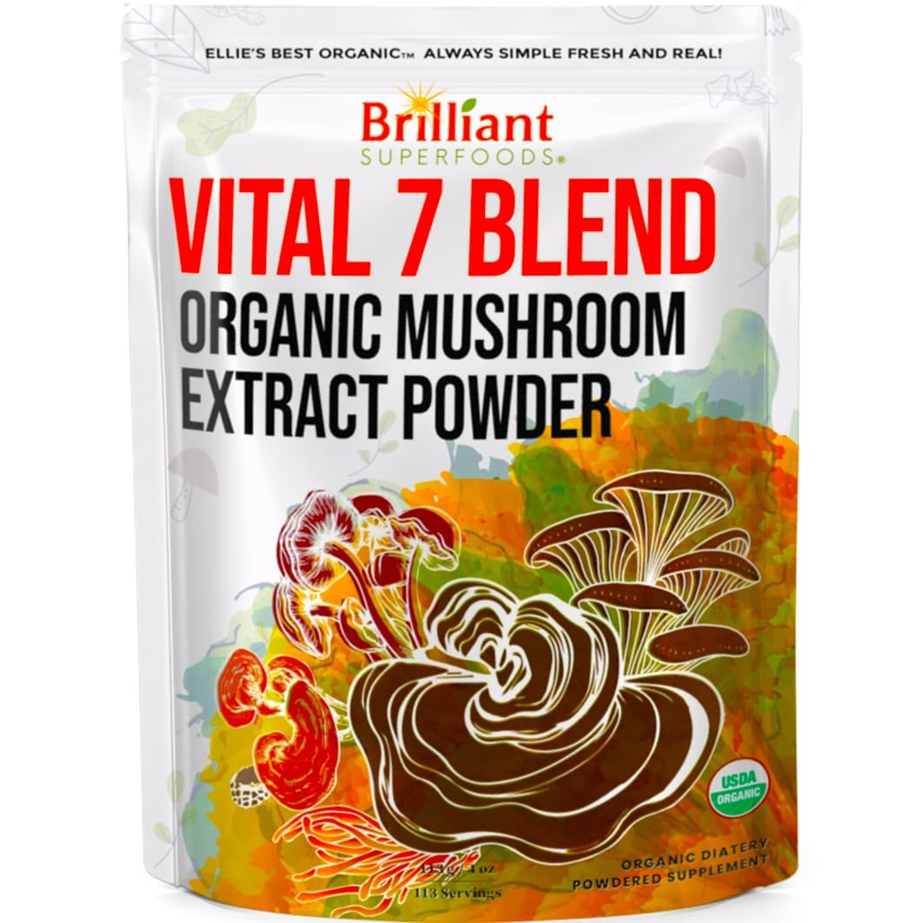 Ellie 's Best 7 Mushroom proszek ekstrakt mieszanka suplement Organiczny 114 Służenia Wysoka moc Podwójne ekstrahowane Cordyceps, Reishi, Turcja Ogon, Chaga, Lwie grzyba - 4oz