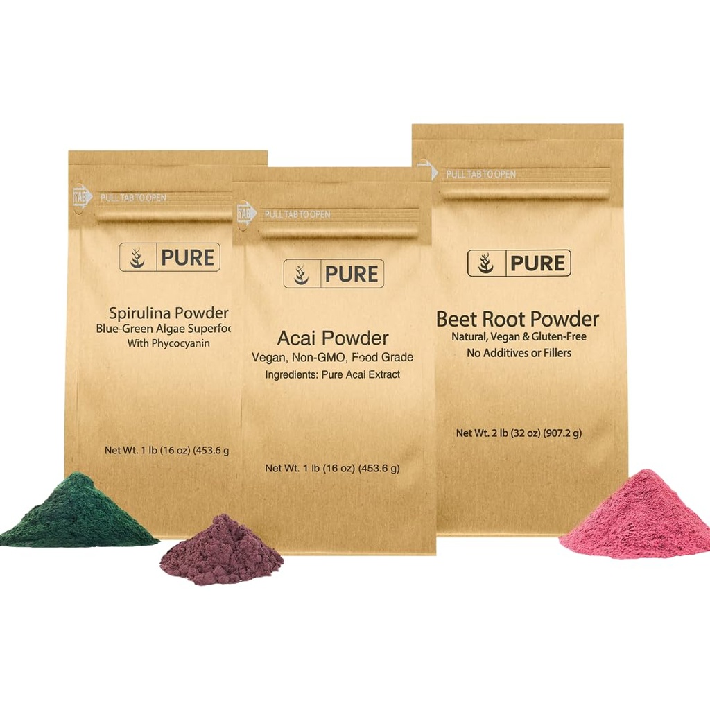 PURE ORYGINALNE WŁÓKIENNIKI Burak korzeń, Spirulina i Acai w proszku, różne rozmiary, Nie GMO, Ziołowe suplementy