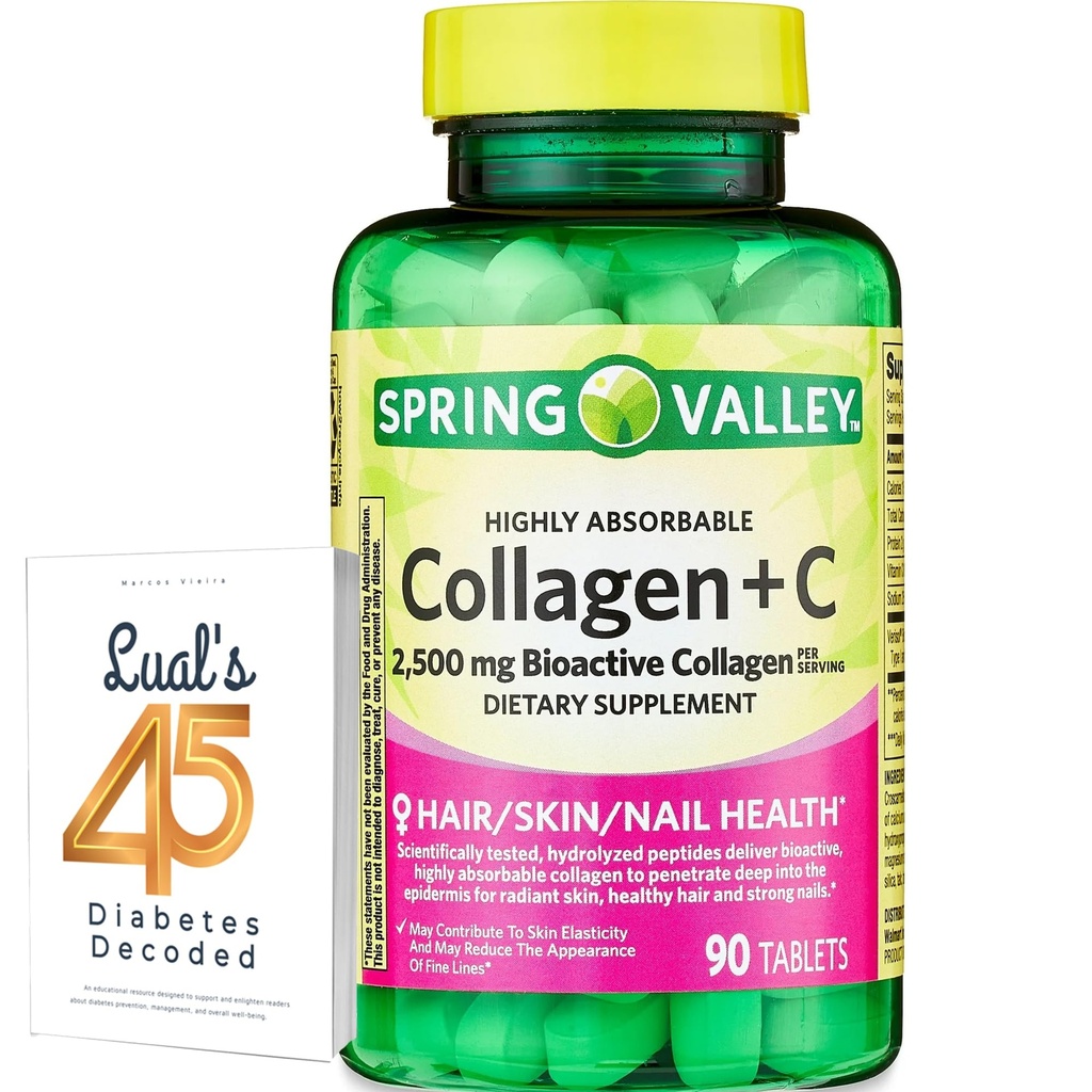 Collagen Spring Valley + C Tablets for Hair / Skin / Nail Health, 2500 mg, 90 Count, Wysoko wchłaniany, Collagen Plus Witamina C Bundle z 45 Cukrzyca Luall