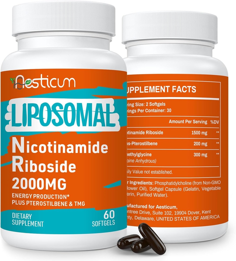 2000 MG Liposomal Nikotynamid Riboside Supplement z TMG & Pterostilbene, Wysoka dostępność biologiczna NAD + suplement booting, Superior Niacynamid for Energy, Immunitet, Opór wieku, 120 Softgels