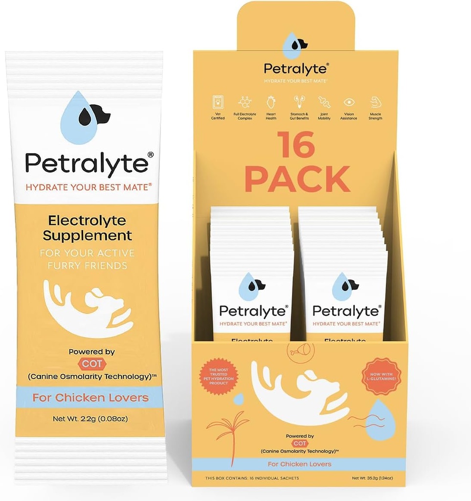 Petralyte Dog Electrolytes and Joint Supplement | Hydration Support for Dogs w/Glucosamine, Chondroitin & More | Electrolytes for Dogs with Prebiotics | for Chicken Lovers | 16 Packets