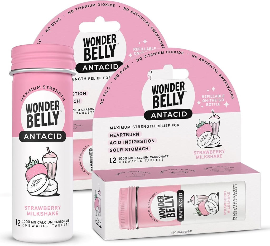 Wonderbelt Antacid, skuteczne Heartburn & Natychmiastowa niestrawność, Rozmiar podróży Extra Siła żucia tabletki, 1000 mg karbonatu wapnia, Truskawkowy koktajl mleczny, 12 Hrabia (Opakowanie 2)