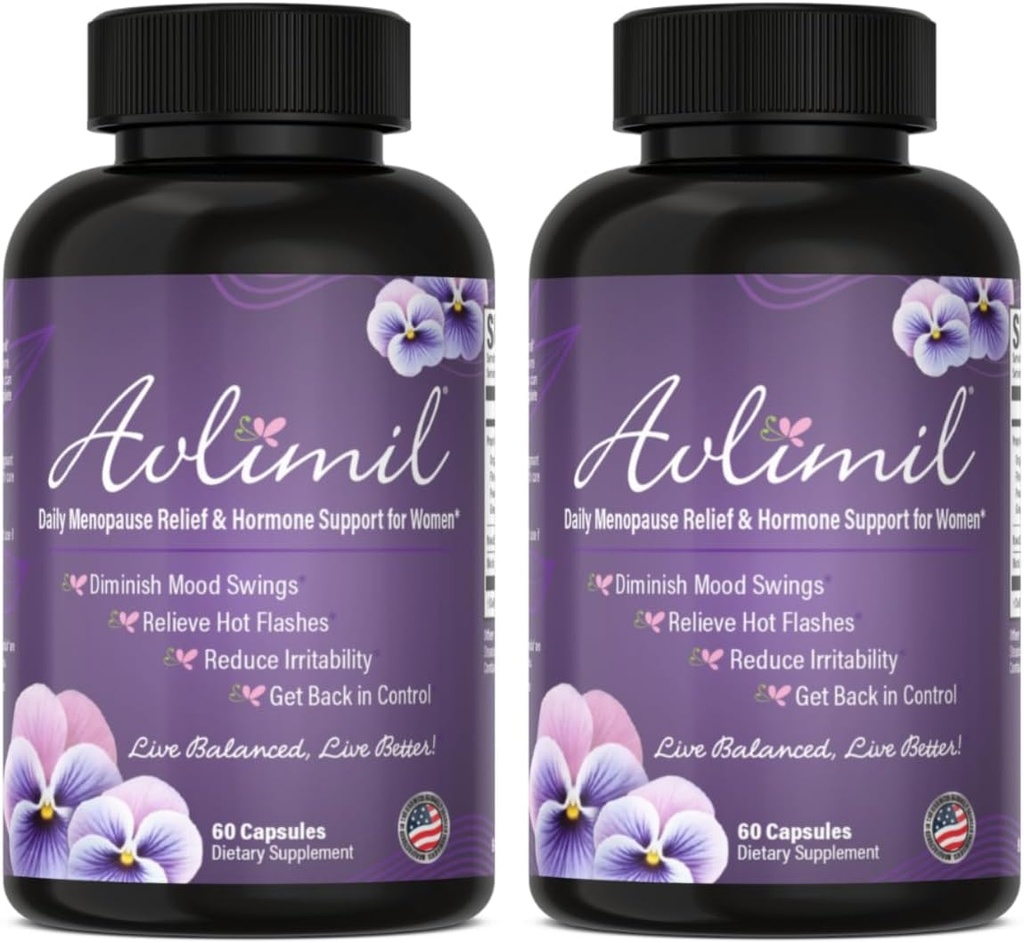 Avlimil ® Hormon Równowaga & Menopauza 124; Ulga od huśtawki nastrojów, Gorące błyski, nocne poty i drażliwość - Isoflavones, Czarny Cohosh, Malina, Valerian, Szałwia, Czerwona koniczyna, Basen cytrynowy - 2 Miesiąc