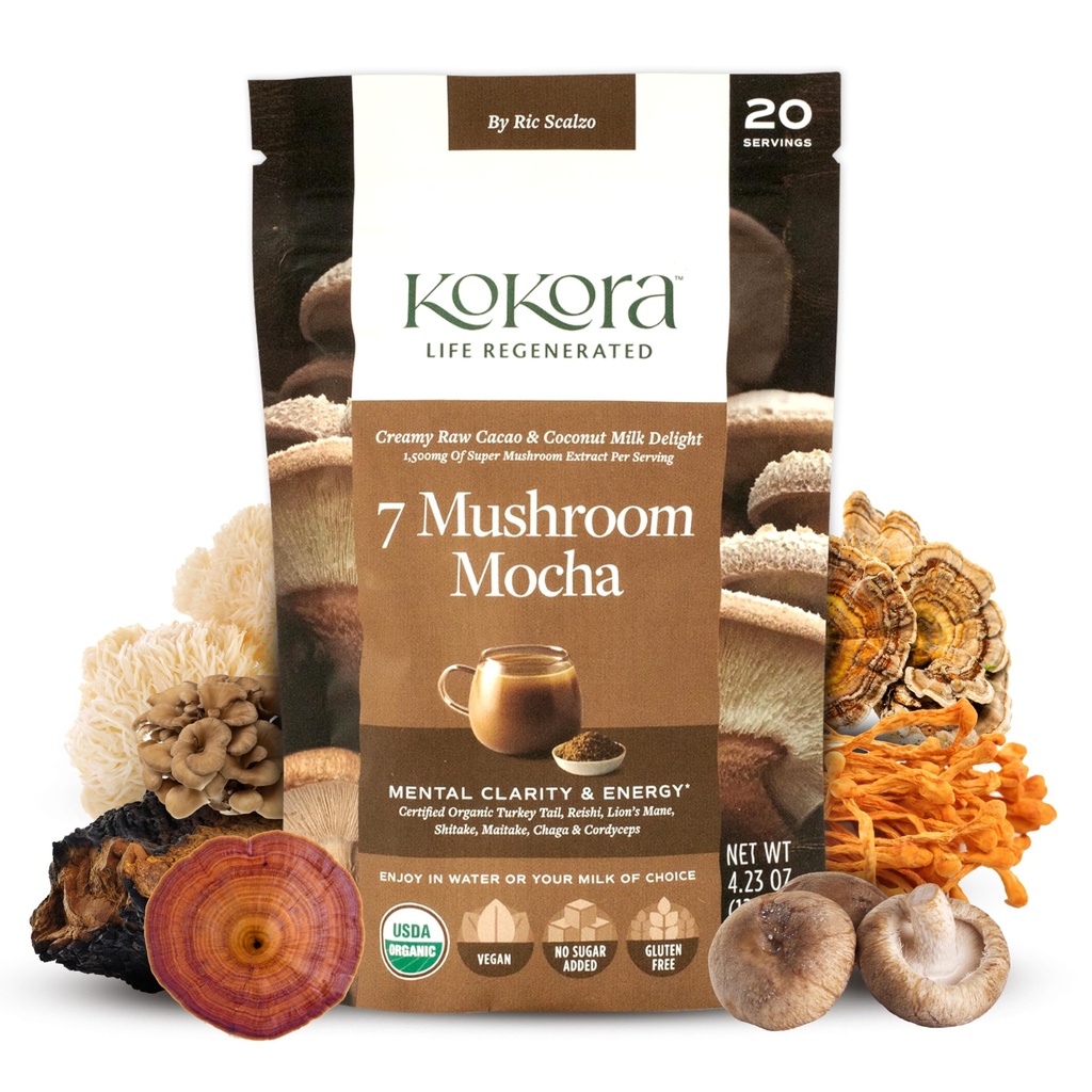 7 Mushroom Mocha - Organic Adaptogenetic Mushroom Powder - Włączając Turcja Ogon & Lwy Mane - Energizes & Promotes Mental Clarity * - Wegan, Gluten Free, No Added Sugar - 20 Servings - 120g