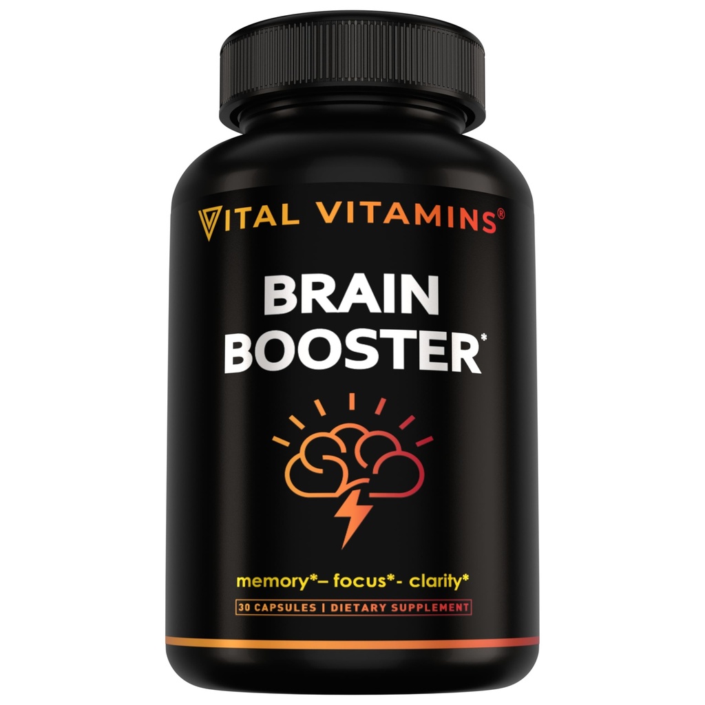 Vital Vitamins Brain Supplements with Bacopa Monnieri - for Memory and Focus - Nootropic Brain Booster - Bezpłatne wsparcie dla dorosłych i seniorów - Non-GMO, 30-Day Supply, 30 Kapsułki