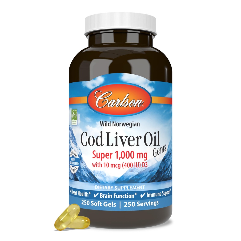 Carlson - Cod Liver Oil Gems, Super 1000 mg, 250 mg Omega-3s, 400 IU (10 mcg) Vitamin D3, Wild Caught Norwegian Arctic Cod Liver Oil, Capsules, 250 Softgels