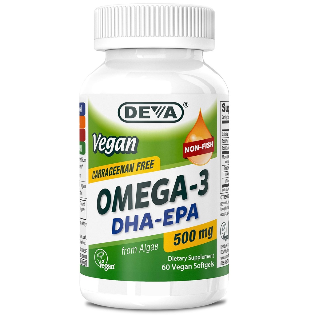 DEVA Vegan Omega-3 DHA- EPA 500MG - No Carrageenan, Non-Fish Oil derived from Algae, Non-GMO, 60 Softgels bez żelatyny