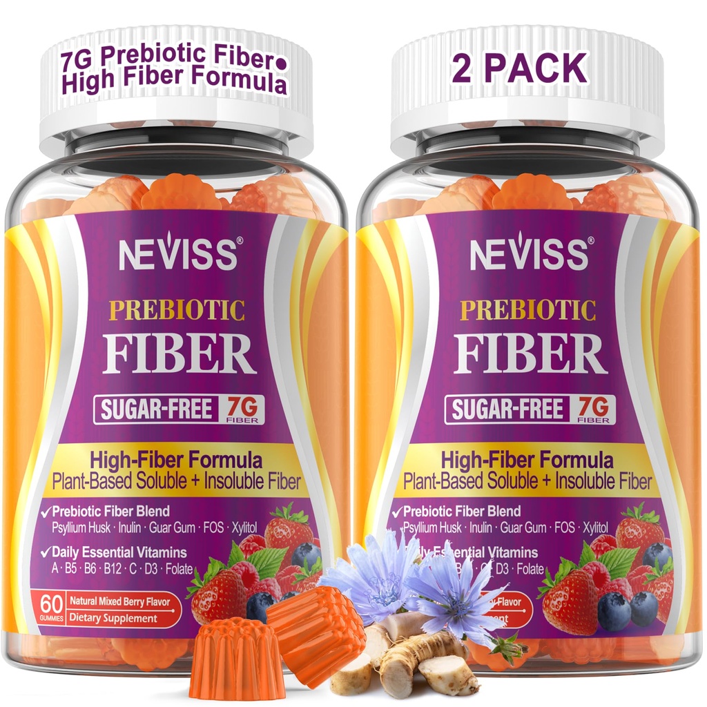 Fiber Gummies dla dorosłych z Pyllium Husk, 7G (Rozpuszczalny + Nierozpuszczalny) Codzienne Prebiotyczne włókno z Inuliną, FOS, Guar Gum, Multivitamin dla Daily Digestive Health, Regularny Wsparcie, Bez cukru, Opakowanie 2
