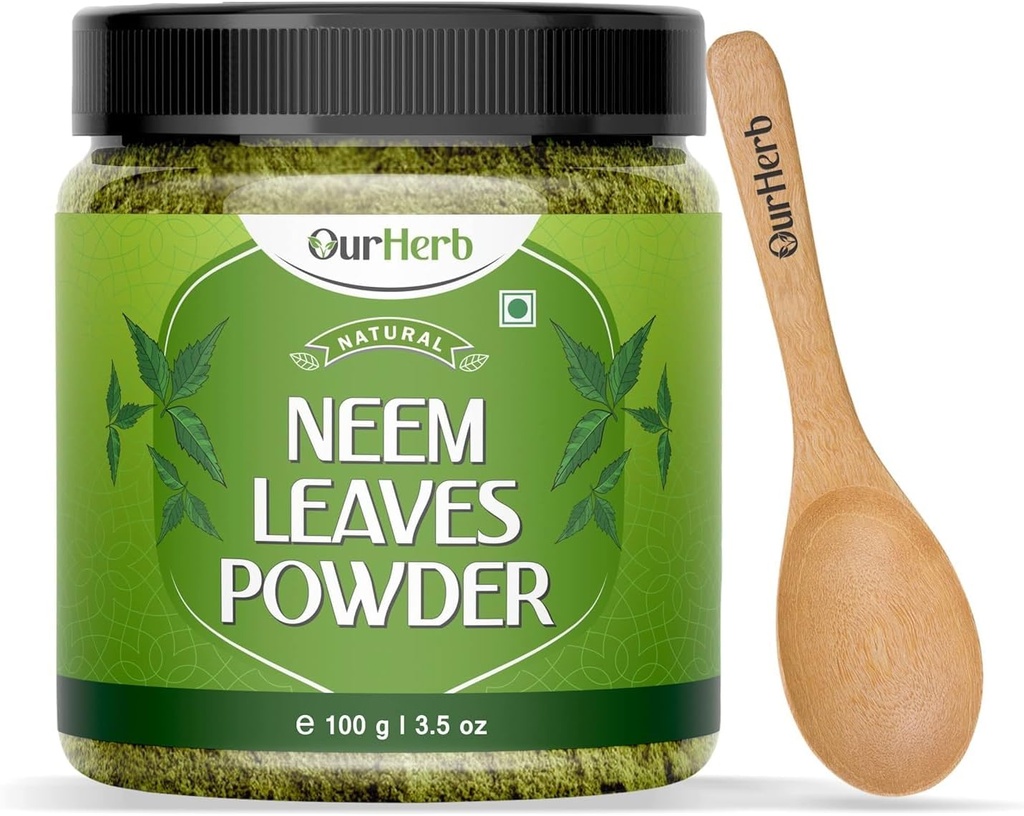 Neem Leaves proszek Naturalne rozwiązanie dla Pimple- Free Clear Skin & Silky Hair, Idealny do pakowania twarzy, Pielęgnacja włosów i Wsparcie pigmentacji z drewnianą łyżeczką - 100g