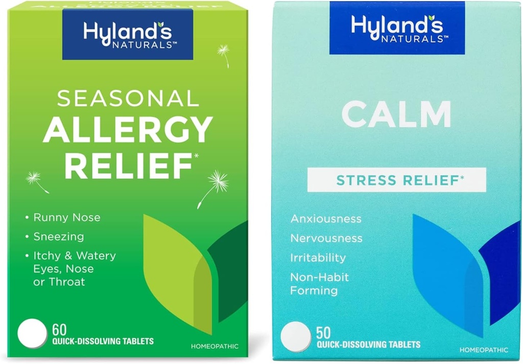 Paleta Hyland 's Indoor and Outdoor, Non Drowsy Sezonowa Alergia Relief Pills 60 CT and Calm Tablets, Natural Relief of Anxiety, Nerwise, Stress, and Irritability 50 CT