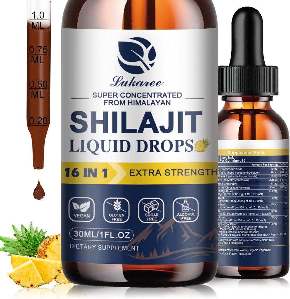 16 w 1 Shilajit Resin Liquid Drop, Shilajit W / Ginseng, Turmeric, Rhodiola, Wolfberry, Amla & Vitamin, Shilajit Suplement dla mężczyzn i kobiet z 85 + Ślad minerałów i kwasu Fulvic, 1 Fl Oz