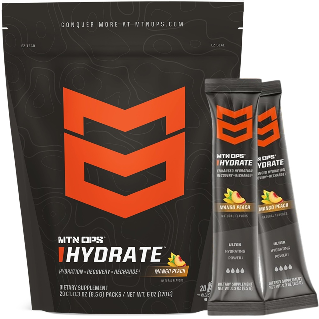 MTN OPS Hydrate Electrolytes Powder Drink Mix, 20 Pojedyncze opakowania elektrolitów z ponad 1000mg elektrolitów na jedną porcję, Mango Peach