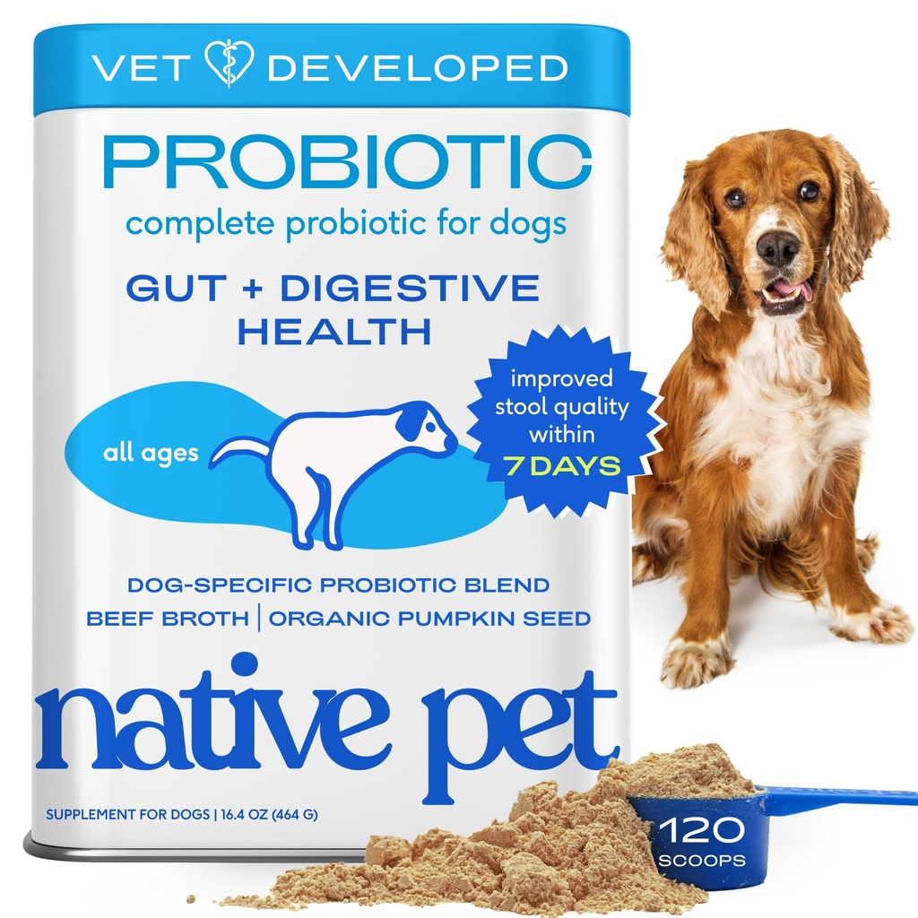 Native Pet Probiotics for Dogs - Probiotyka psów Proszek dla zdrowia trawiennego, Gut Support, & Immune Boost - Proszek Vet- Spreparowany dla maksymalnej mocy z Enzymy i Prebiotyki - 120 Scoops