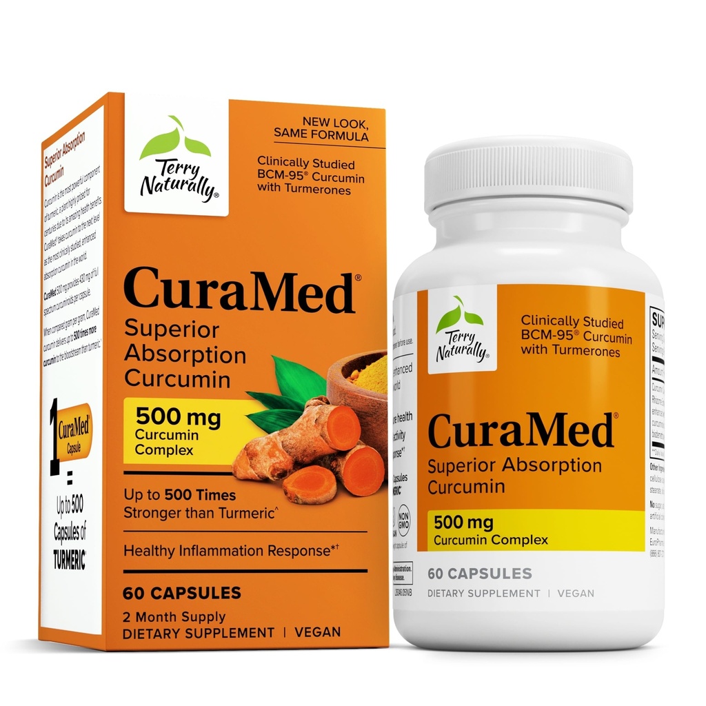Terry Natural CuraMed 500mg - Suplement przeciwutleniający do wsparcia zdrowia mózgu i immunologicznego - Suplement z Curcumin & Turmeric Esential Oil - Herbal Liver Support - 60 Softgels