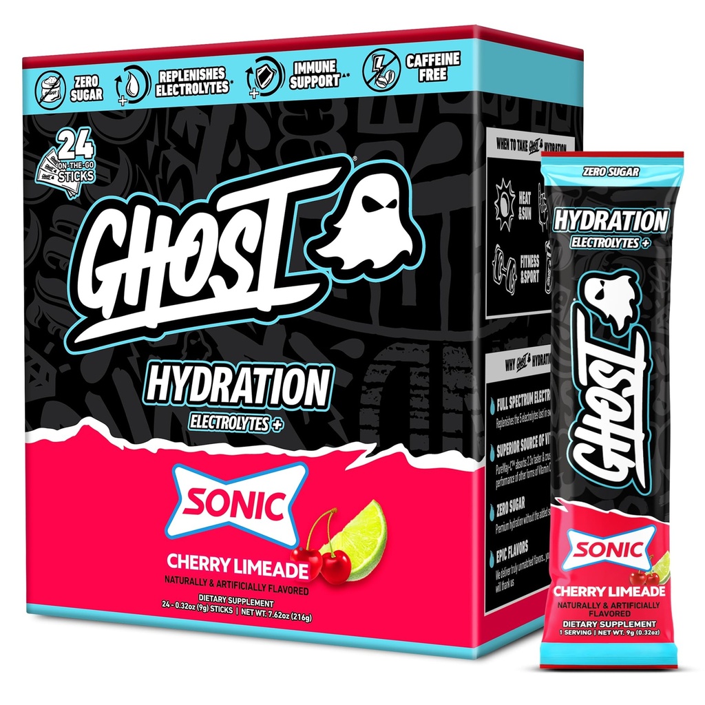 GHOST Pakiety nawilżające, Sonic Cherry Limeade, 24 Sticks, Proszek elektrolitowy - suplement mieszanki napojów z magnezu, potasu, wapnia, witaminy C - Vegan Friendly, wolne od soi, cukru i gluten