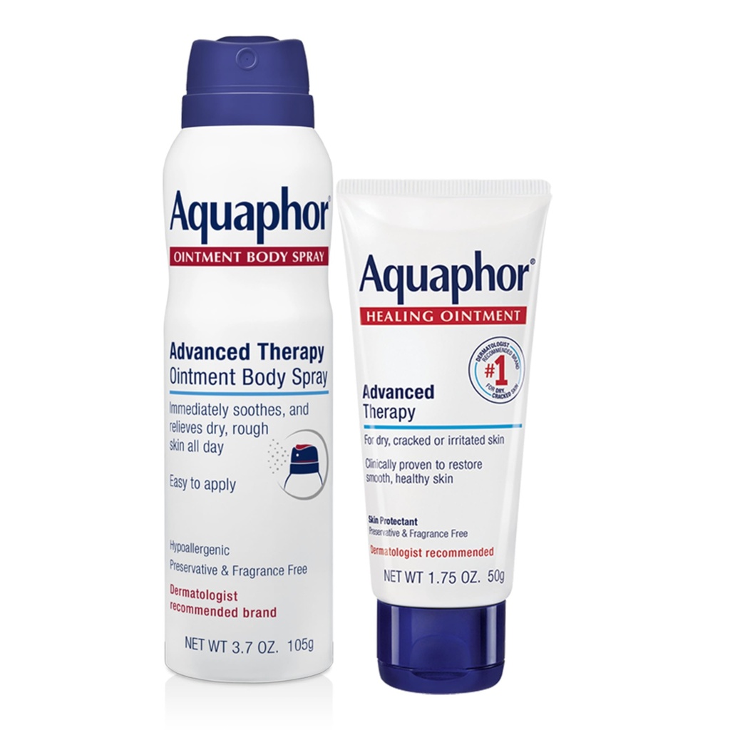 Zestaw Aquaphor Skin Care, Terapia zaawansowana Maść lecznicza (1.75 Oz) + Terapia zaawansowana Namaszczenie Spray ciała (3.7 Oz), Hypoalergenny i Wolny od zapachu Nawilżacz do Suchej Skóry