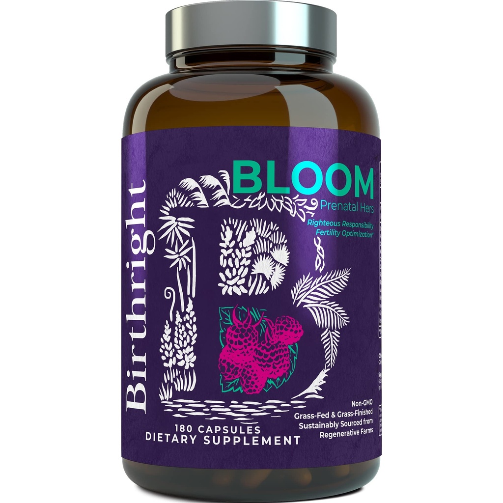 Birthright Complete Prenatal Supplement for Fetal Development... Folian, Cholina + DHA, z wątroby żywionej trawą, Jaja rybne, Colostrum, Bone Marrow, z All Natural Herbal Blend Bloom