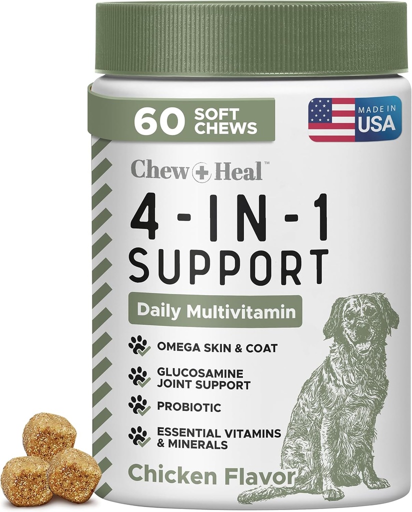 Wszystkie w 1 Witaminy psów i suplementów, 60 Soft Chew Multivitamin z glukozaminy, Probiotyki, Omega Fish Oil -for Skin, Coat, Hip, Joint & Gut Health -Senior, Szczeniak, Duże i małe psy
