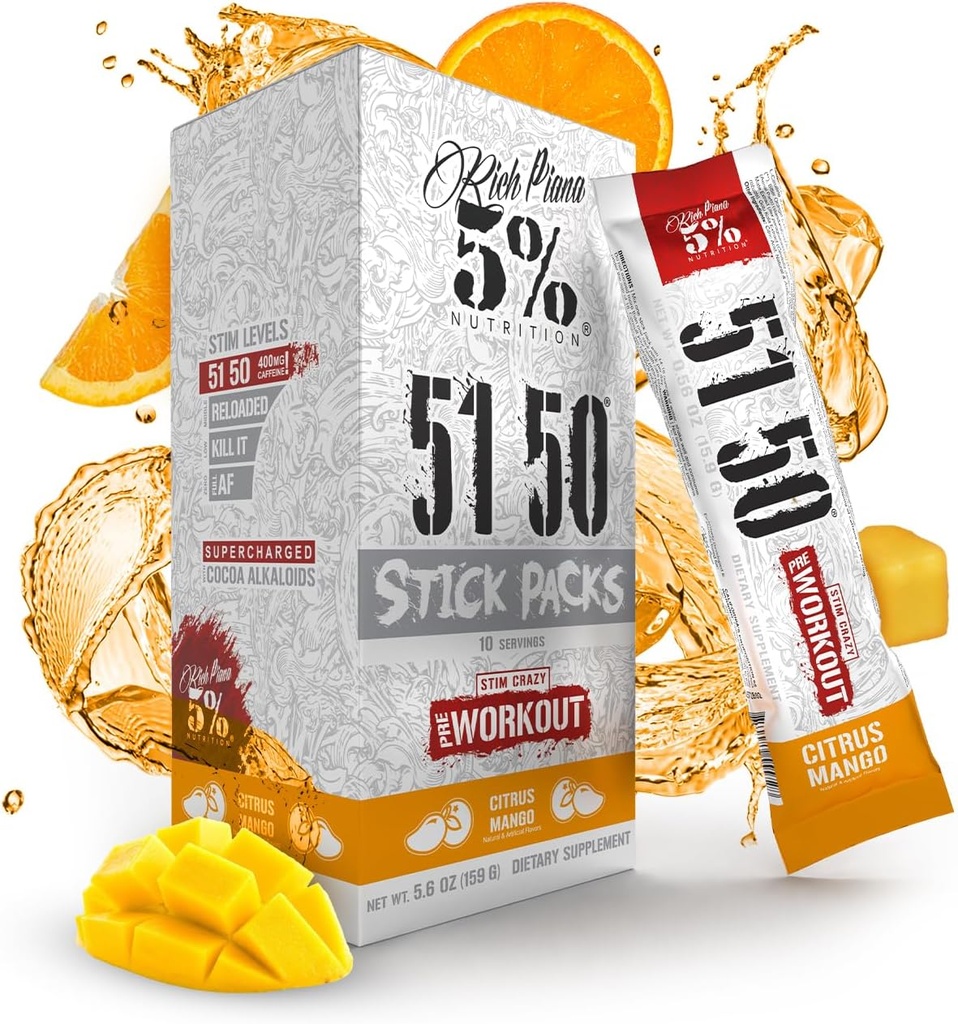 5% Żywienie bogaty Piana 5150 Wysokie Stim Pre- Workout w proszku Pakiety 124; Ekstremalna energia, Focus, Pompy i Endurance 124; 513 mg Caple Complex, Citruline, Beta Alanine, L- Tyrosine (Citrus Mango) (10 Hr)