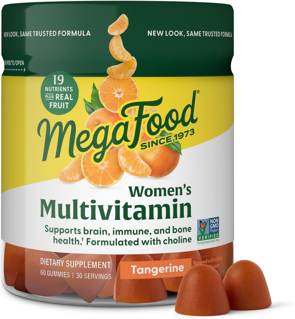 MegaFood Women's Multi - Multivitamin for Women - Gummy Vitamins - Vitamin C, Vitamin D, Zinc, Vitamin B12 & Choline - Immune Support & Bone Health - Vegetarian - Tangerine - 60 Gummies (30 Servings)