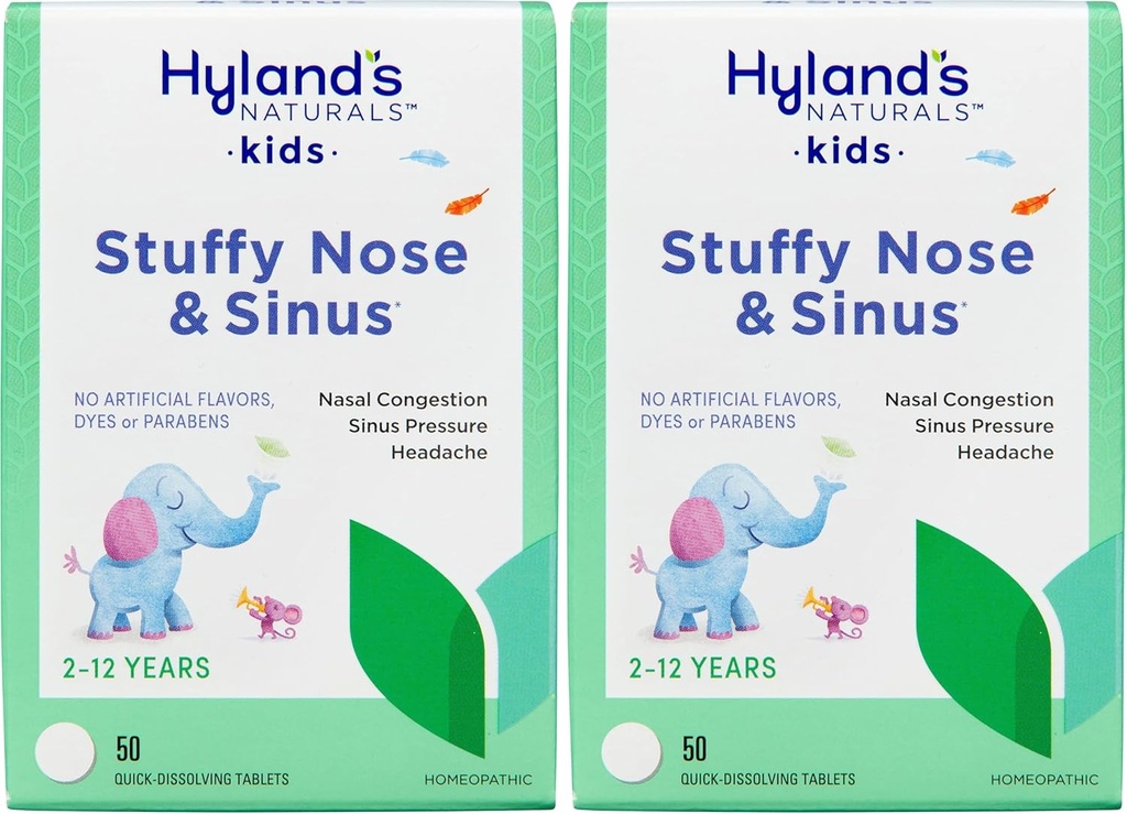 Hyland 's Naturals Kids Stuffy Nose and Sinus Tablets, Cold and Allergy Medicine for Children Ages 2 and up, Headache Relief and Nasal Decongestant, Quick Disolving Tablets, 50 Count (Pack of 2)