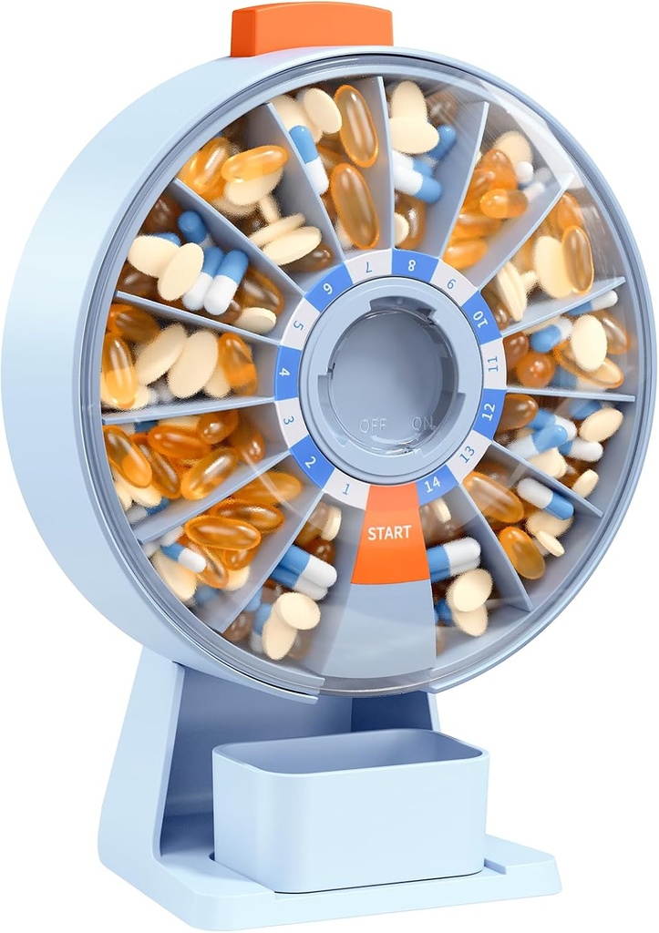 Daviky Pill Dispenser Daily, Duży Pill Organizator z Wall- Monted lub Stand Use, 14 Dni Pill Container, Push Button Design, Cotygodniowe Pill Box dla witaminy, Medycyna, Suplement, Olej rybny (niebieski)