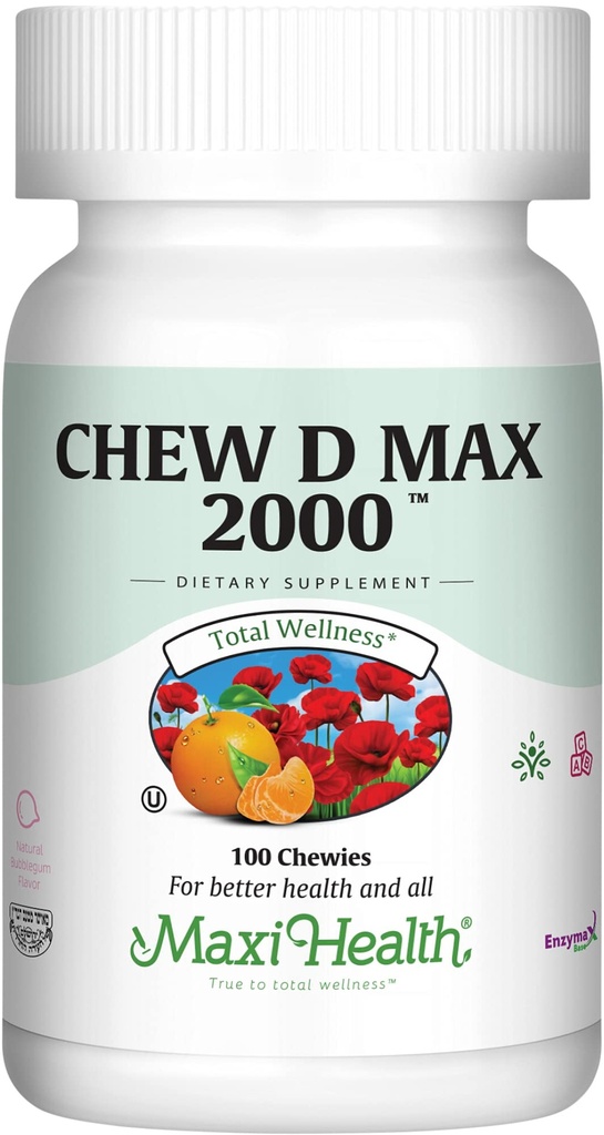 Maxi Health Witamina do żucia D3 2000 IU Suplement - Pyszne naturalne Guma Bubble Flavor - Wchłanianie wapnia, immunologiczne i zdrowie kości u dorosłych kobiet, mężczyzn, dzieci i dzieci Toddlers - 100 żuć
