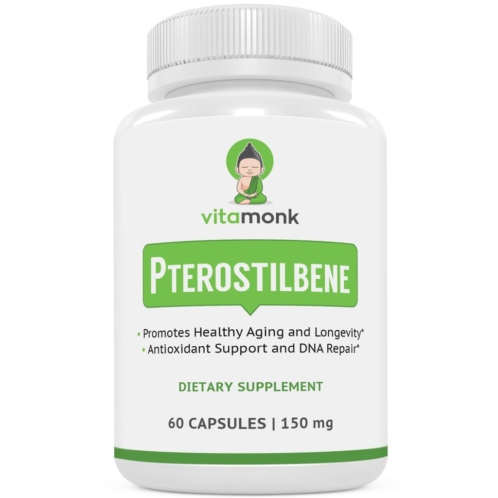 VitaMonk Pterostilbene 150mg kapsułki Brak sztucznych wypełniaczy - Soy Free Trans- Pterostilbene Suplement, który promuje zdrowe starzenia i długowieczności - 60 Veggie- Czapki - Ulepszony Resveratrol