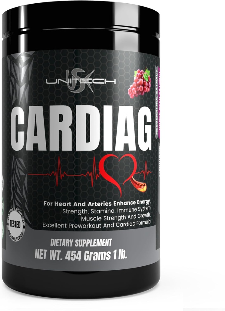 Unitech USK Cardiag Grape Powder Building 124; Natural Supplement with L- Arginine, L- Citruline, Grape Seed Extract, Resveratrol, and Coenzyme Q10 Building 124; Grape Flavor, 16 oz