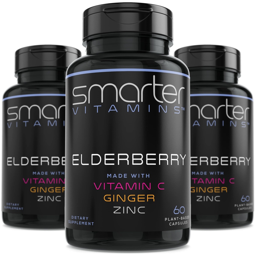 (3 Pack) Inteligentniejszy Elderberry Kapsułki + Witamina C + Imbir & Cynk, Suplement ziołowy, Potężny Black Elder Berry Extract Antyoksydant Witamina, 180 Vegan pigułki