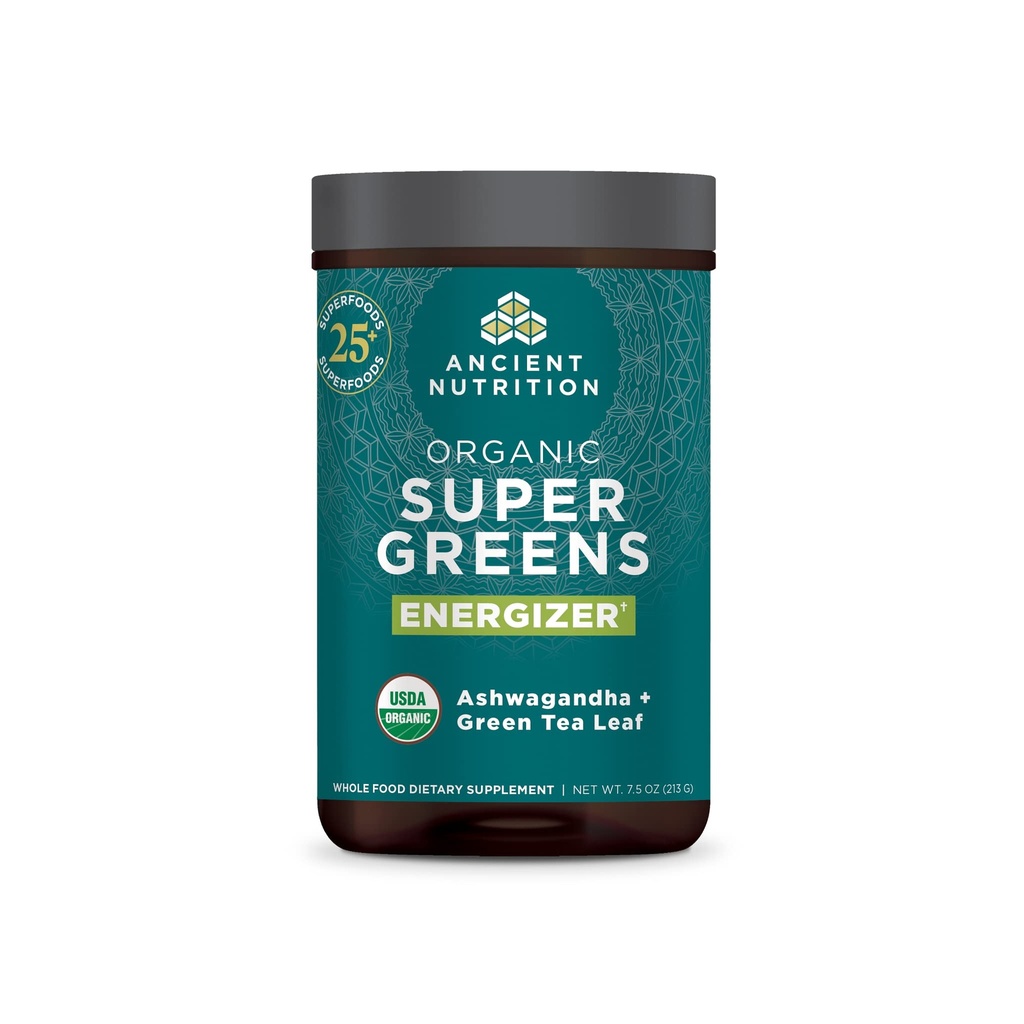 Ancient Nutrition Organic SuperGreens Energizer Proszek z probiotykami i B12, Wykonane z prawdziwych owoców, Warzywa i zioła, do żywienia, Detoksykacji i wsparcia energetycznego, 25 Służenia