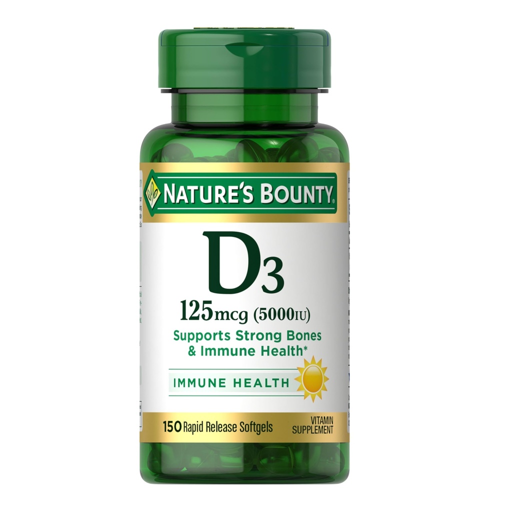 Nature 's Bounty Witamina D3 5000 IU Softgels, Szybkie uwolnienie, Wsparcie immunologiczne, Suplementy witaminy D, 150 Ct