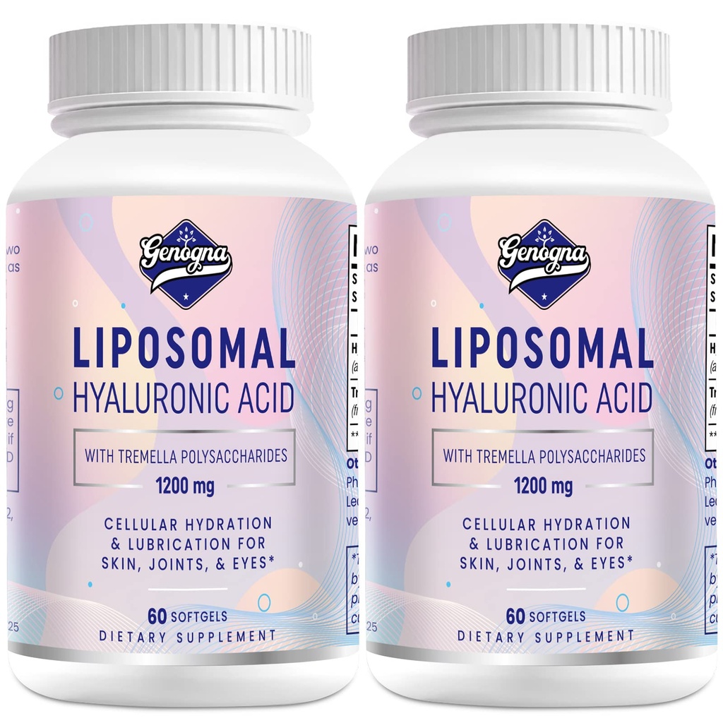 Liposomal Hyaluronic Acid Supplements 1000mg- Wysoka Biodostępność Dietetyczna Hyaluronic Acid Capsules- z 200 mg Tremella Polisacharydy do podwójnej siły Nawodnienie skóry, Wspólne smarowanie, 2 Pack
