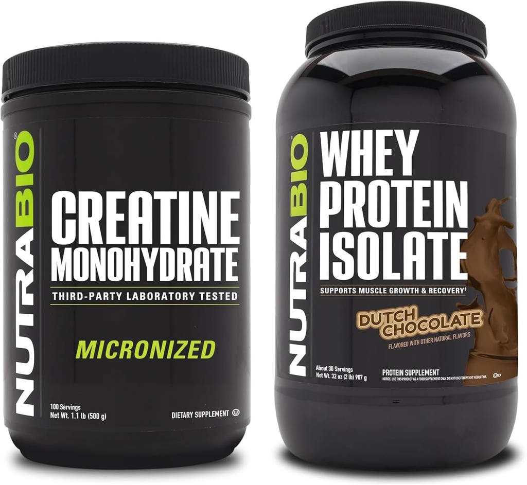 Monowodzian NutraBio Creatine, izolat niearomatyczny, 500 g i białko serwatki, czekolada holenderska, suplement Bundle - energia mięśniowa, leniwy wzrost mięśni, odzysk i siła