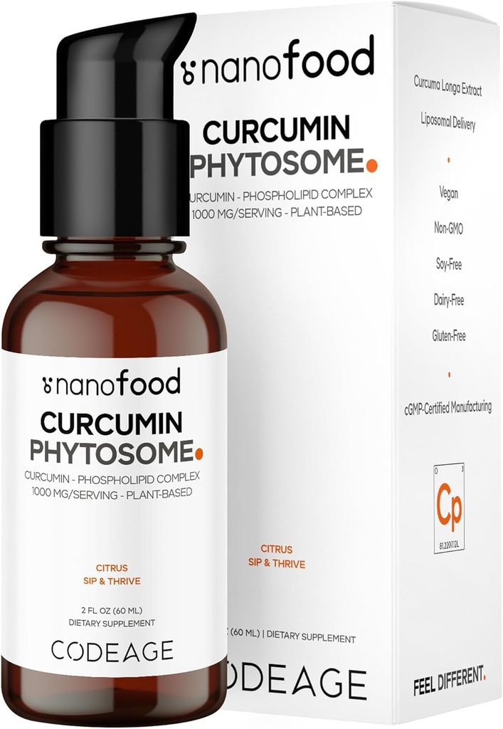 Kodeage Kurkumina Liposomalna Phytosome Liquid Supplement, Kurkumina Kurkumina Kurkumina Wegańska Krople, Curcumina na bazie plantacji Curcuma Longa Dropper, Curcumina, Sunflower Phosfolipid, Cugar- Free, Citrus Flavor, 2 fl oz