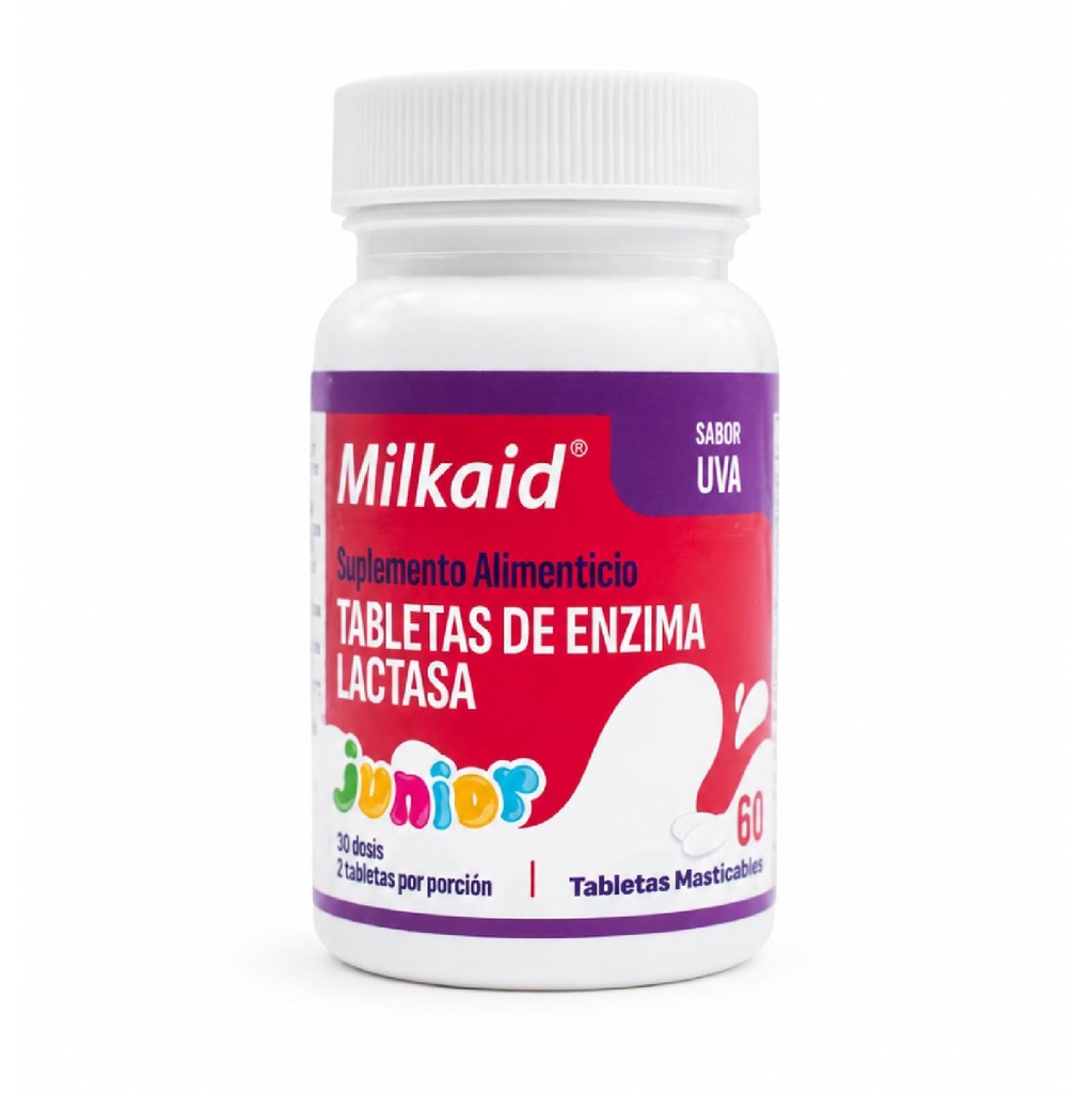 Milkaid Junior Lactase Enzyme Chewable Tablets for Lactose Intolerantion Value 124; Zapobiega gazom, wzdęciu, biegunce u dzieci 124; Szybkie działanie suplementu diety mlecznej dla dzieci Vulgary 124; 60 ct (60 tabletek, winogrona)