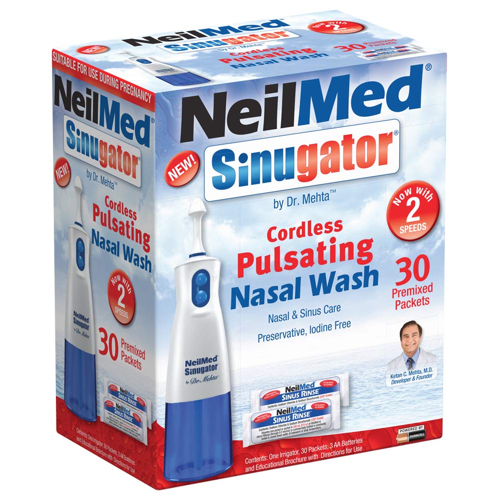 NeilMed Sinugator Cordless Pulsating Nasal Wash Kit z jednym nawadniaczem, 30 pakietów premiowanych i 3 baterie AA (Opakowanie 1)