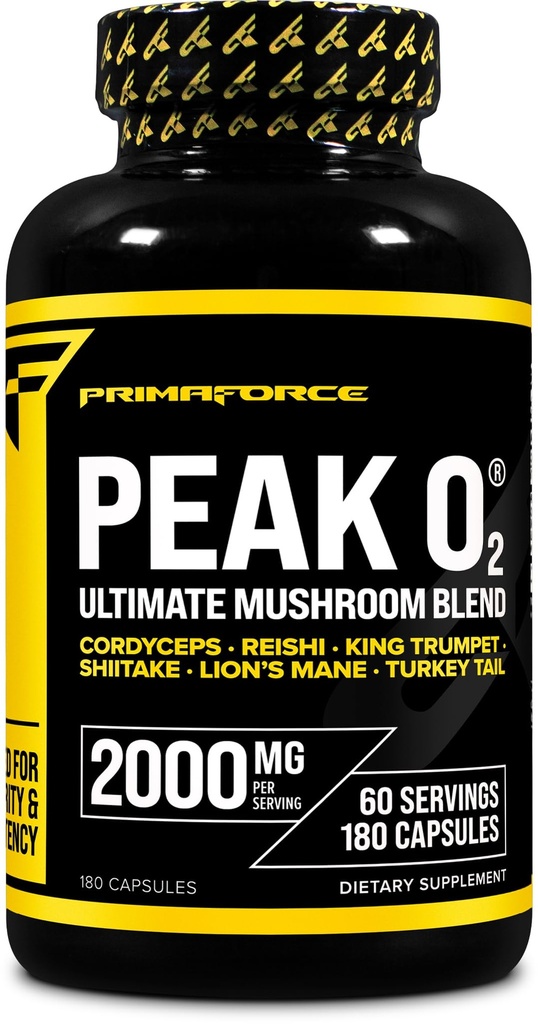 Primaforce Peak O2 Performance Mushroom Peneed Oxygen Absorption Booster (180 Kapsułek) (2000 mg Per Serving, 60 Servings) - atletyczny suplement wydajności, Ultimate Mushroom Blend