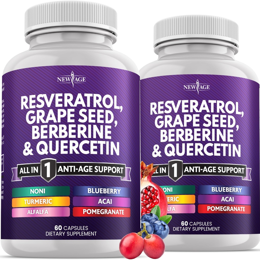 New AGE Resveratrol, Berberine, Grape Seed Extract, Quercetin, Suplement Polifenolu dla kobiet i mężczyzn z Noni Extract, N- Acetyl Cysteine, Acai Extract - 120 Kapsułki