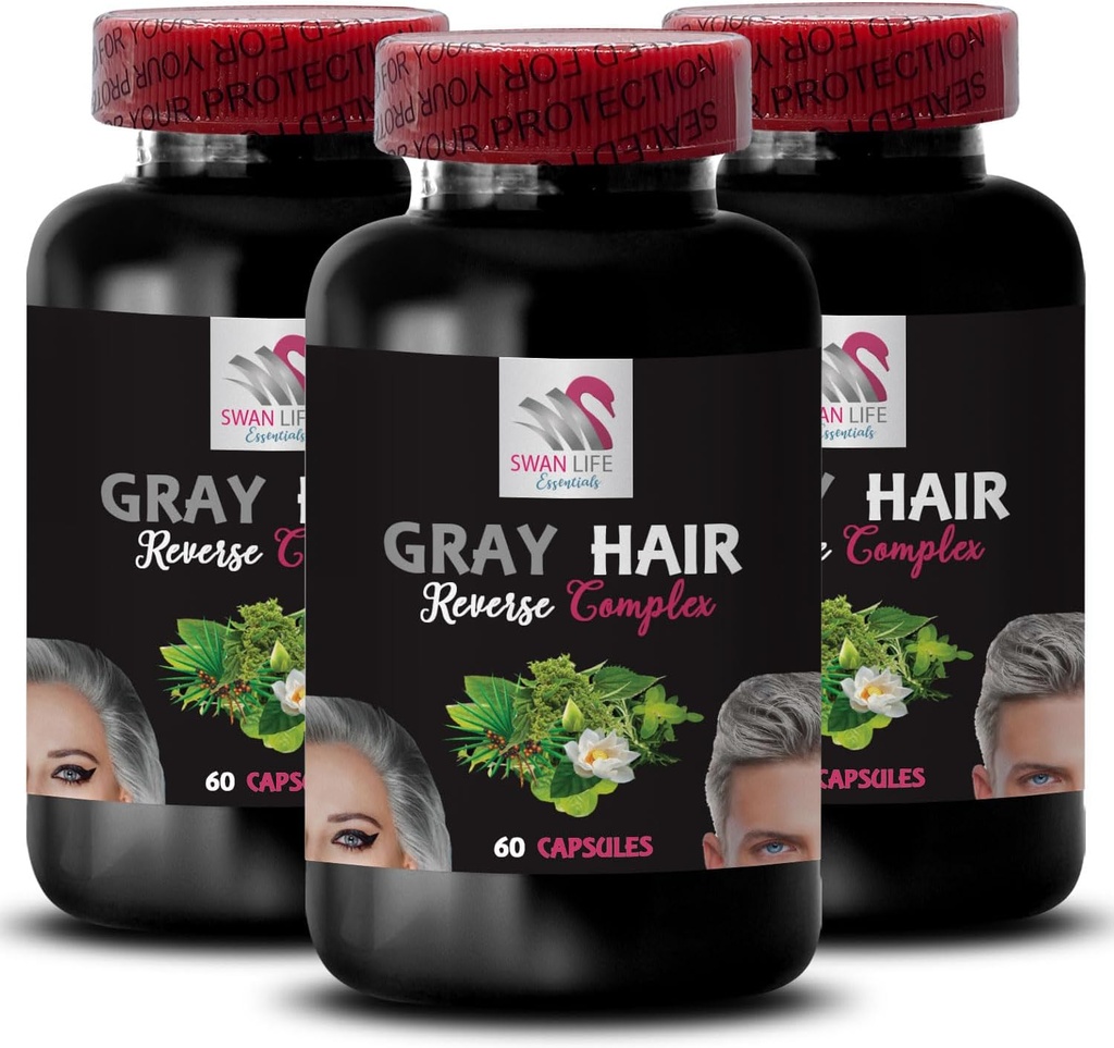 Natural Hair Complex - Gray Hair Reverse - Świeża Vibrancy, Przebudzenie kolorów, Błyszczące włosy, Jasny włosy, Wzbogacenie włosów, Brilliance włosów, Kolor Boost, Transformacja włosów 3 Butelki 180 Kapsułki