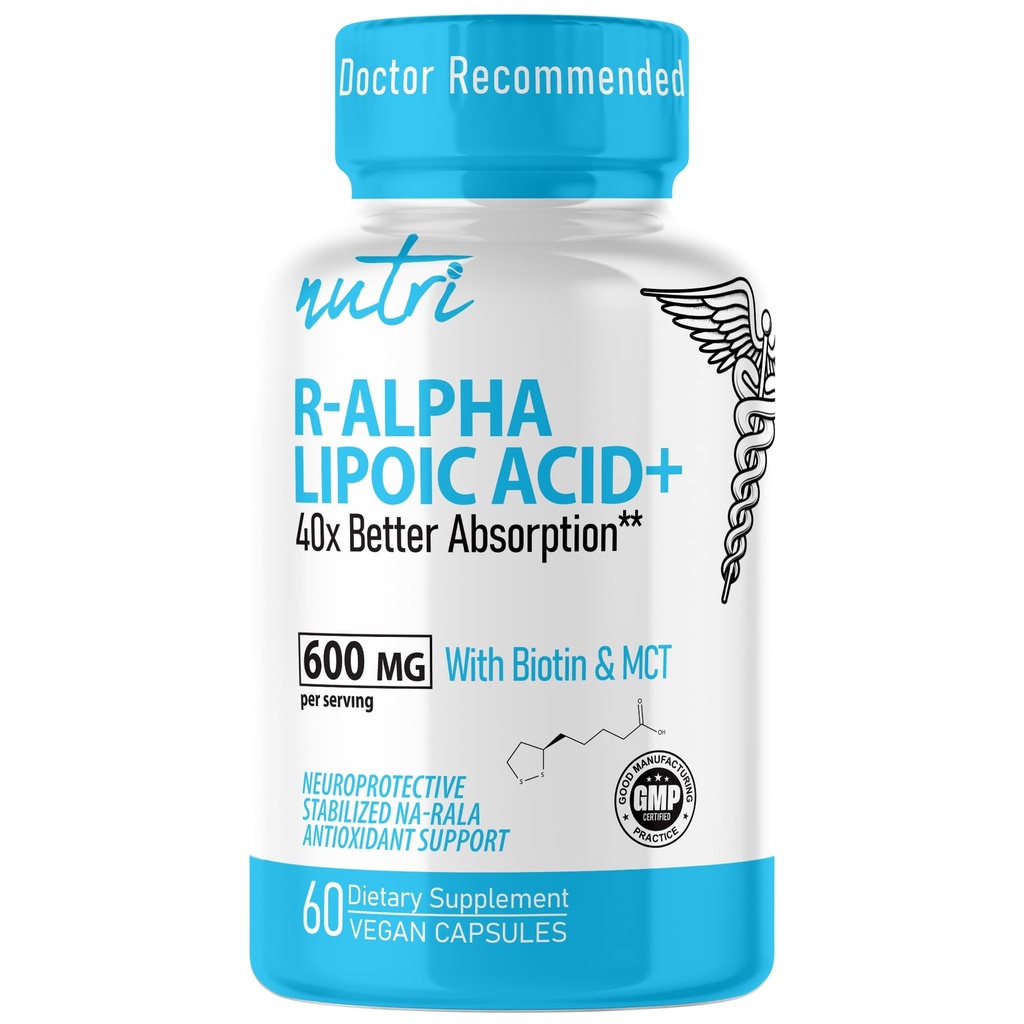 Nutri R Alpha Lipoic Acid 600mg Kapsułki - R Kwas lipoinowy Ustabilizowany biotyną - Aktywna postać R- ALA - 600 mg Dawkowanie kliniczne - Potężne wsparcie energii komórkowej - 60 Kapsułek wegańskich - RALA
