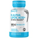 Nutri R Alpha Lipoic Acid 600mg Kapsułki - R Kwas lipoinowy Ustabilizowany biotyną - Aktywna postać R- ALA - 600 mg Dawkowanie kliniczne - Potężne wsparcie energii komórkowej - 60 Kapsułek wegańskich - RALA