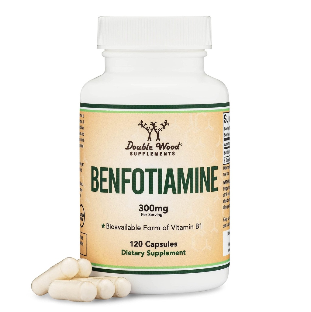 Benfotiamina 300mg Służenie (Third Party Tested, 120 Kapsułki, 150mg Per Cap) Non-GMO, do Boost Thiamine B1 Poziomy (More Absorbable Than Thiamine, Fat Solvable) przez podwójne drewno
