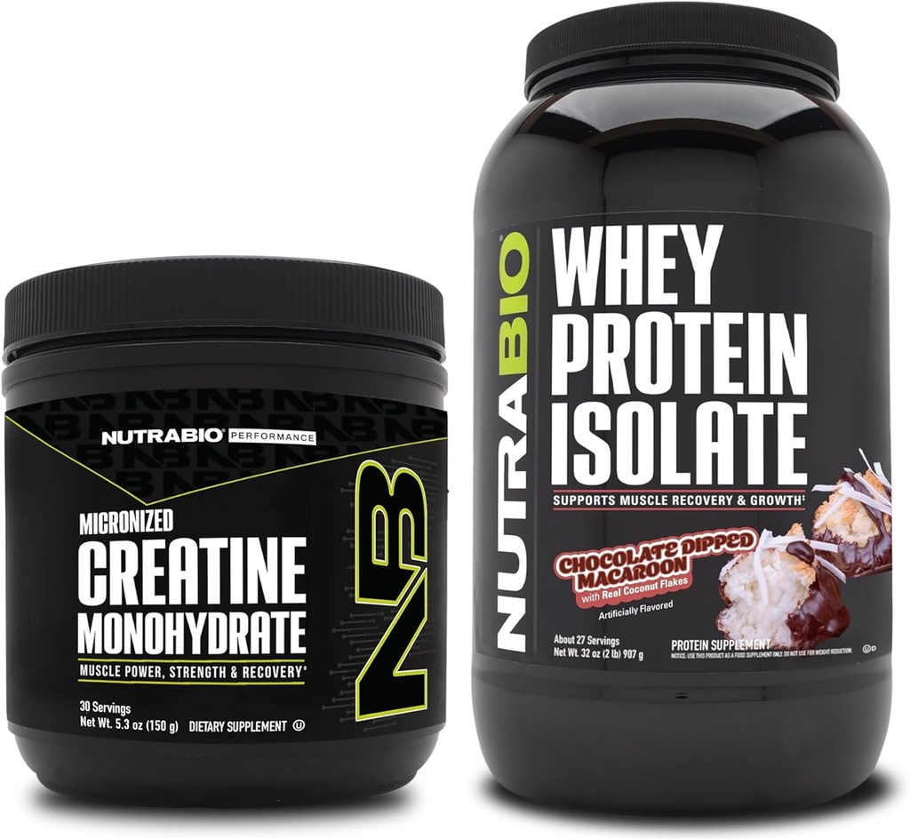 Monowodzian NutraBio Creatine, Izolat nieflaworyczny, 150g i białko serwatki, Makaron czekoladowy dipped, Suplement Bundle - Energia mięśni, Lean Muscle Growth, Odzysk i Siła