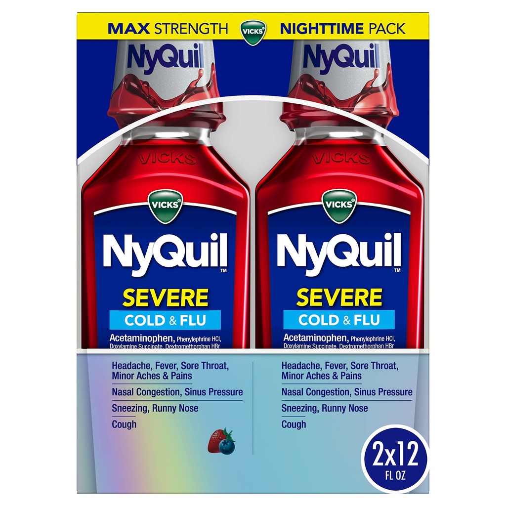 Vicks NyQuil SEVERE Cold, Flu, and Congestion Medicine, 2x12 fl oz Twin Pack, Berry Flavor, Maksymalna moc, Nocna ulga