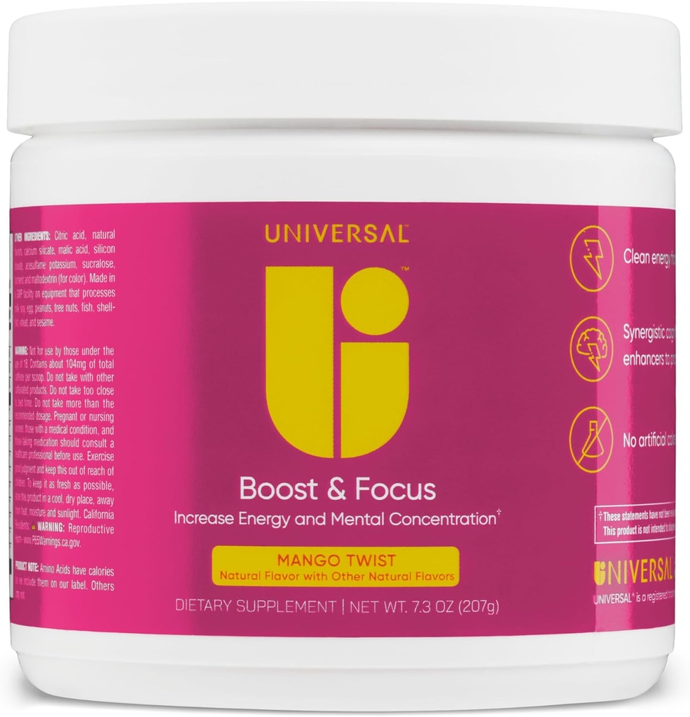 Uniwersalny proszek U Boost & Focus, Zwiększenie energii i wydajności poznawczej, Przed treningiem, Doustne dawkowanie, VIT B12, Niacyna, Cholina, L- Tyrozyna, Brak sztucznych zapachów, 30 Służenia (Mango Twist)