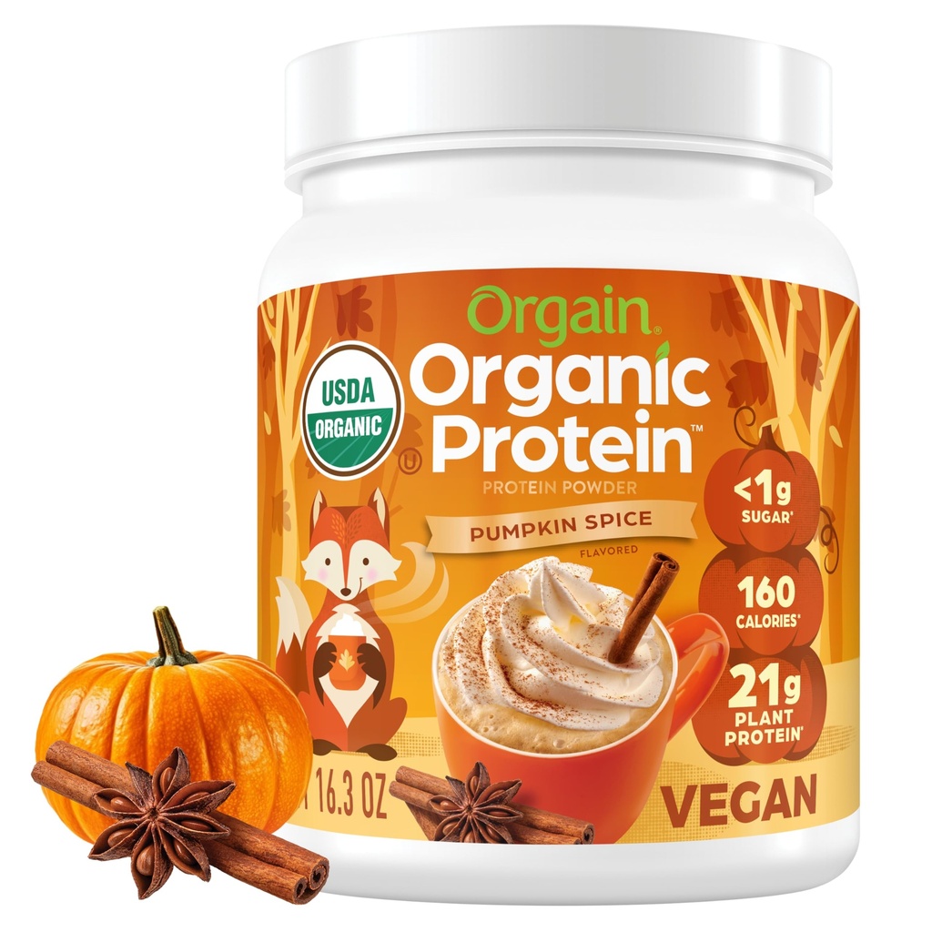 Orgain Organic Vegan Protein Powder, Dynia Spice Sezonowy Flavor - 21g białka roślin, 5g Prebiotyczne włókno, Brak składników laktozy, Nie dodano cukru, Nie-GMO, Dla shakes & Smoothies, 1.02 lb